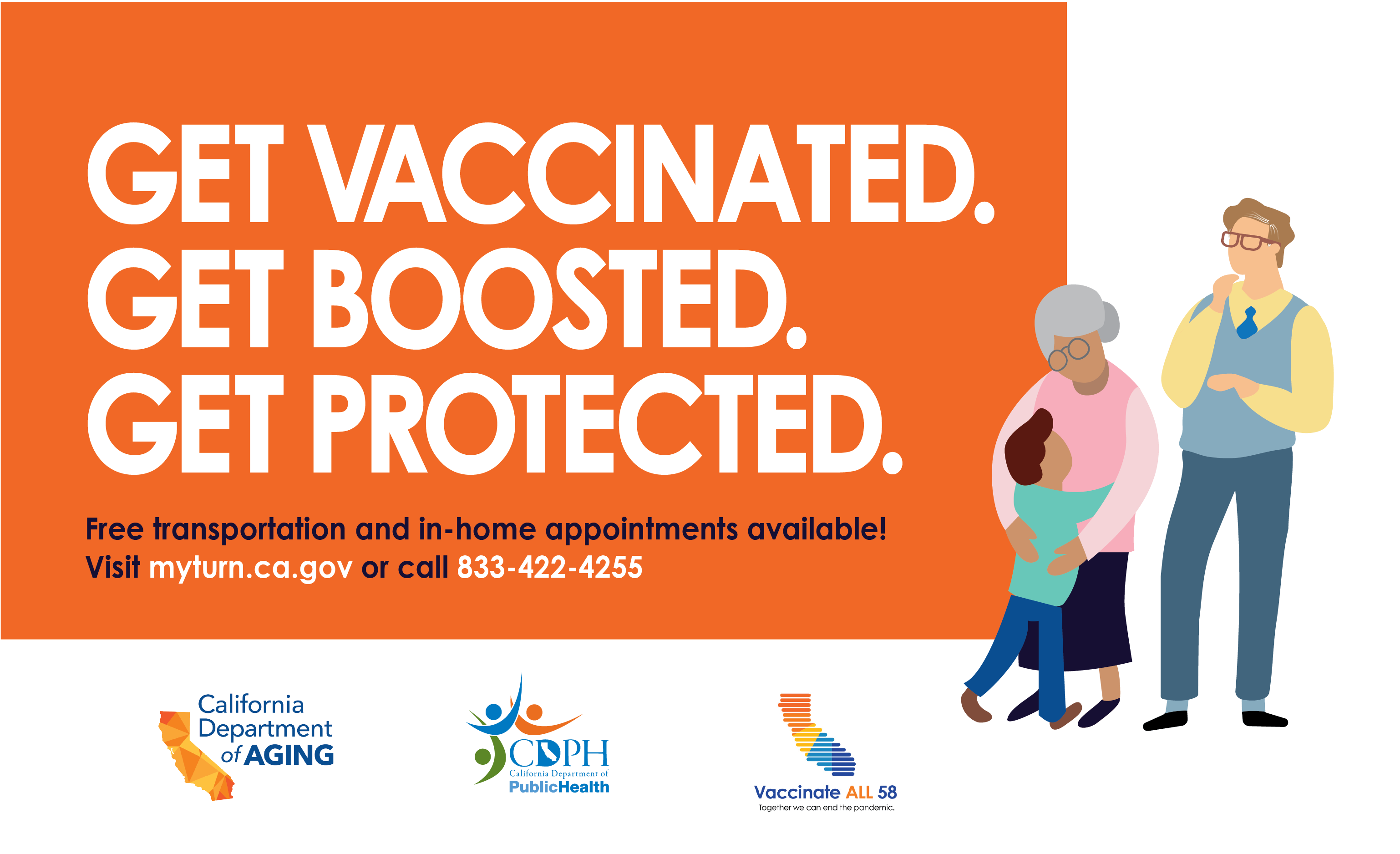 Get Vaccinated. Get Boosted. Get Protected. White words on orange background with three individuals on the right side of the image.